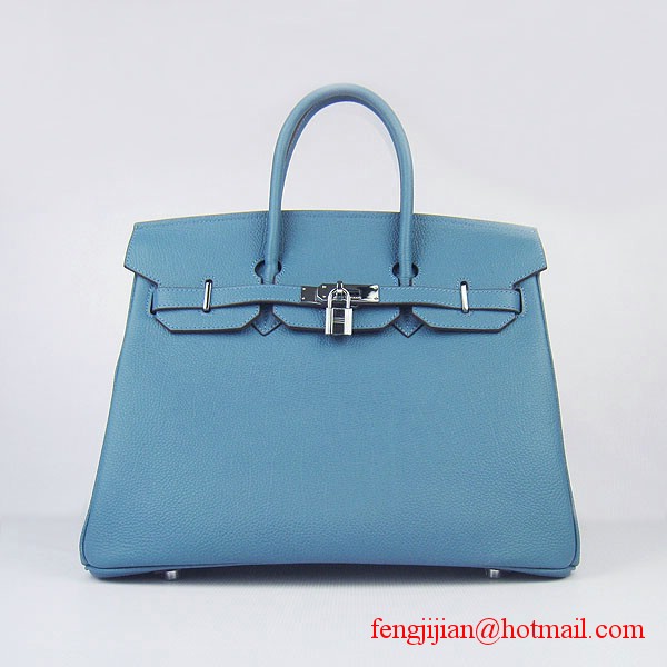 Hermes Birkin 35cm Tendon Veins Leather Bag Blue Silver Hardware